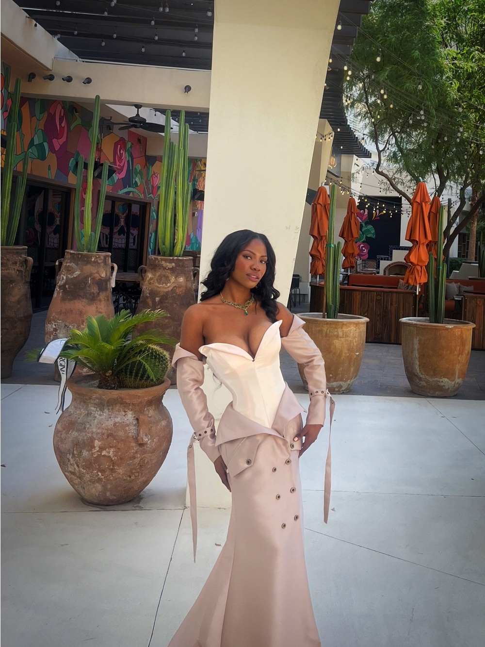 Off-Shoulder Blush Satin Gown with Corset Bodice